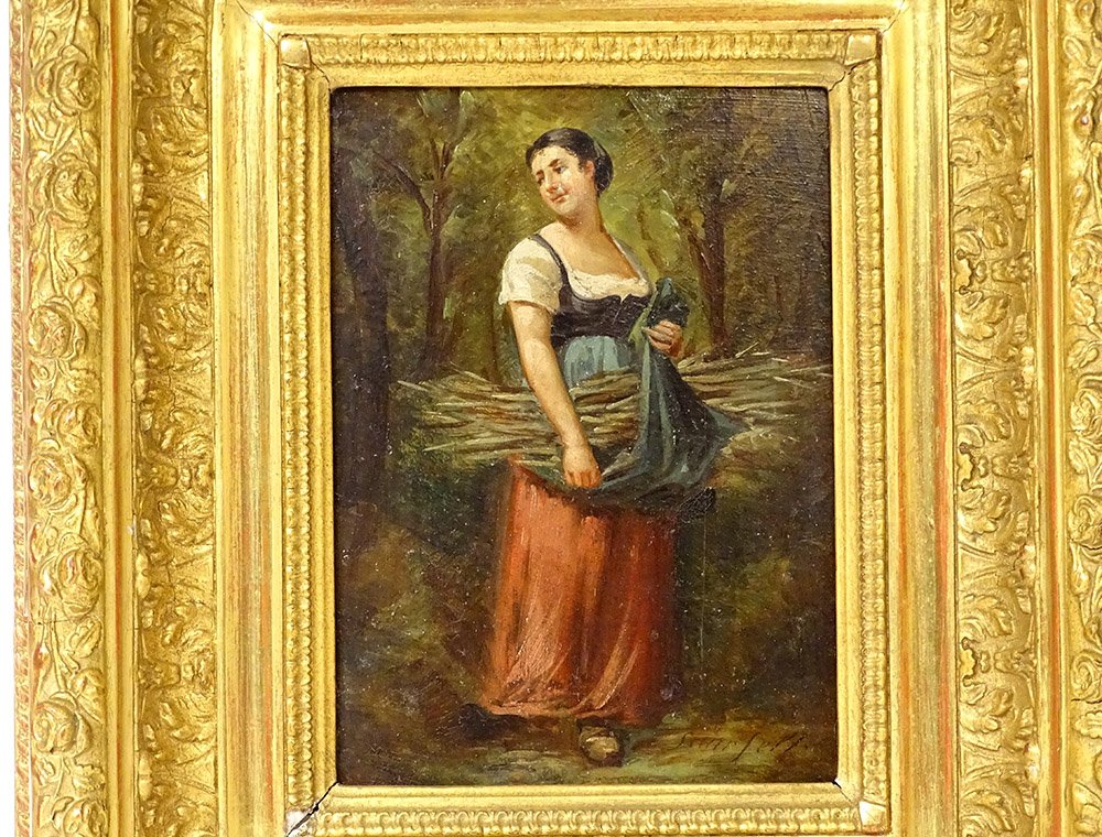 HSP Tableau Léonard Saurfelt Portrait Jeune Femme Fagot Bois Forêt XIXème-photo-2