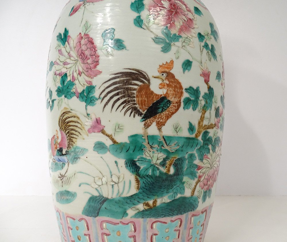 Grand Vase Balustre Porcelaine Chinoise Papillon Fleurs Chine Coq 19è-photo-3