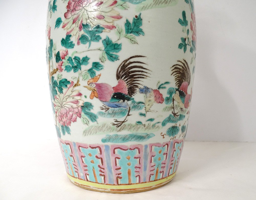 Grand Vase Balustre Porcelaine Chinoise Papillon Fleurs Chine Coq 19è-photo-4