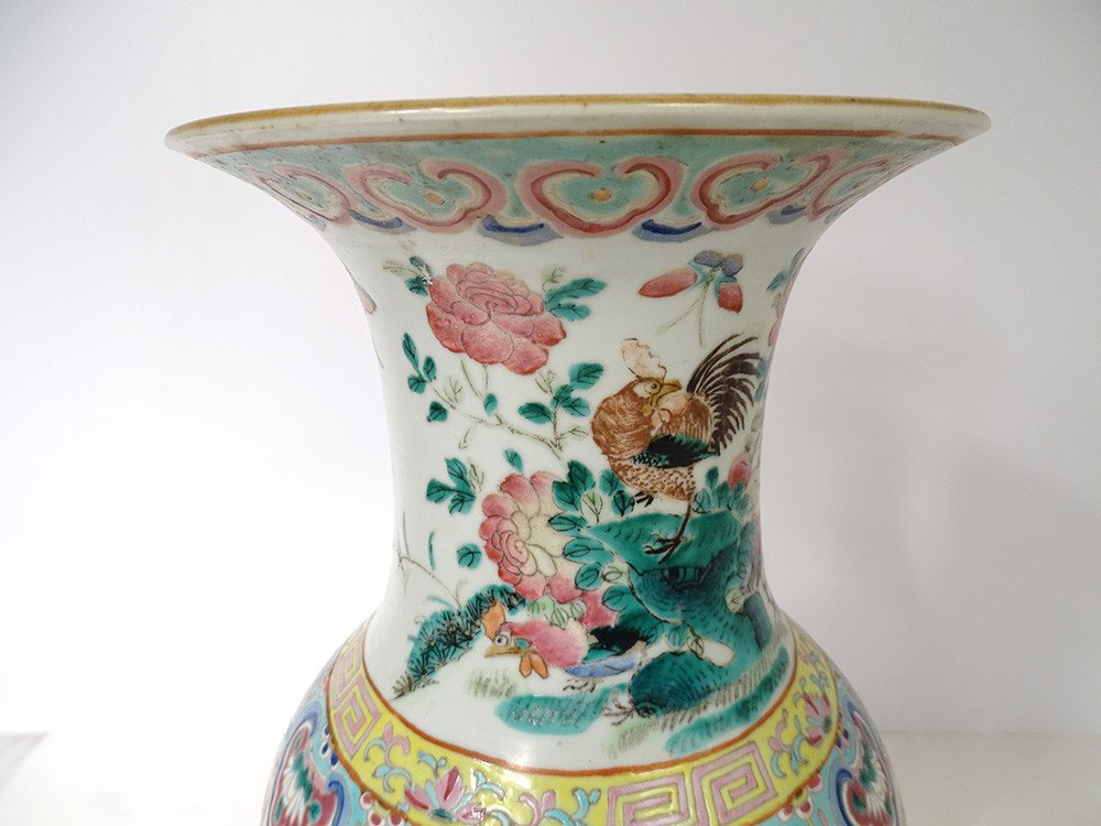 Grand Vase Balustre Porcelaine Chinoise Papillon Fleurs Chine Coq 19è-photo-5