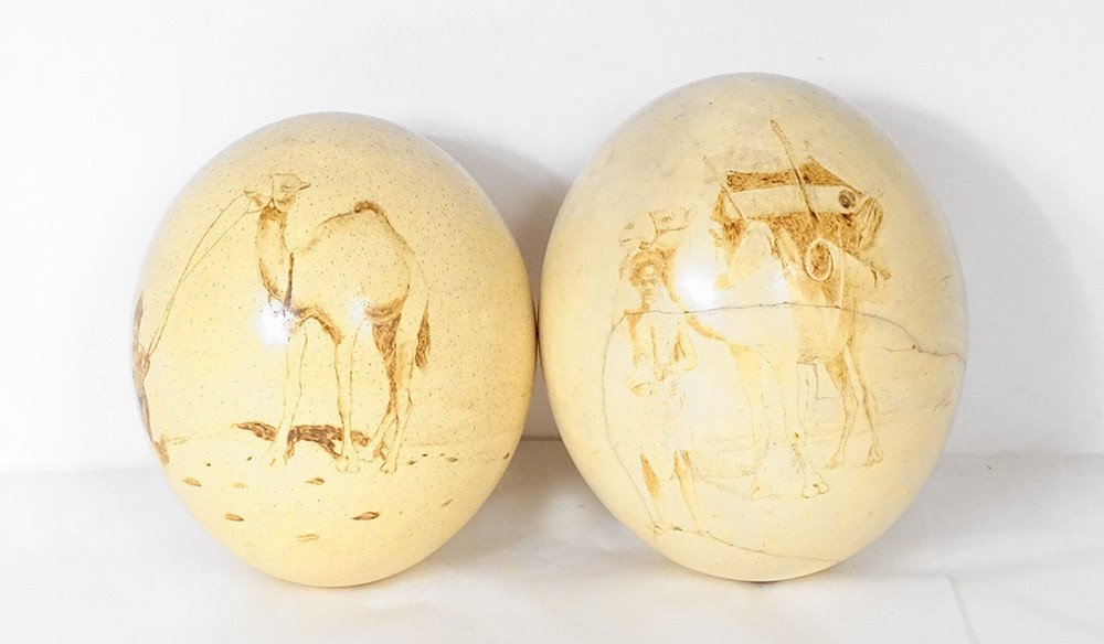 Pair Ostrich Eggs Orientalist Bedouin Camel Signed Nineteenth Time