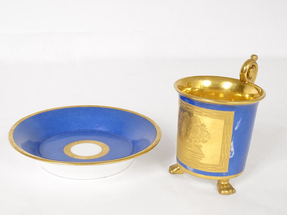 Paris Blue Porcelain Cup And Saucer Golden Decor Signed Julienne Nineteenth-photo-3