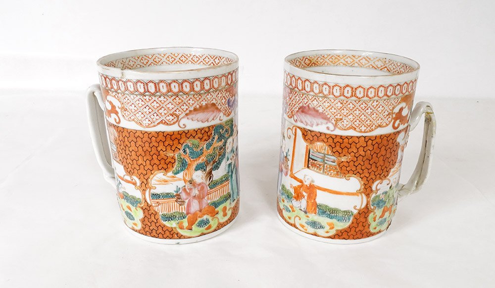 Pair Of Porcelain Mugs Decor Mandarins China Qianlong Eighteenth-photo-2