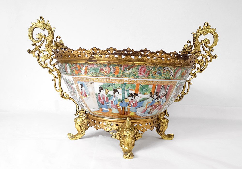 Coupe Porcelaine Canton Bronze Lion Dragon Mandarins Oiseaux Papillons XIXè-photo-2