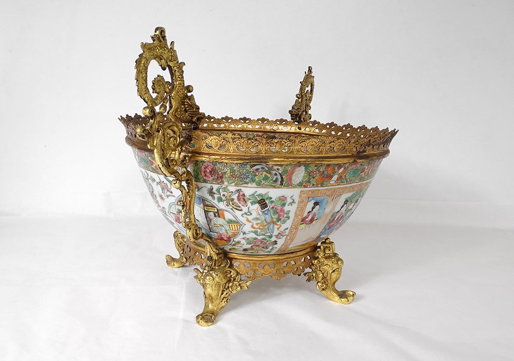 Coupe Porcelaine Canton Bronze Lion Dragon Mandarins Oiseaux Papillons XIXè-photo-3