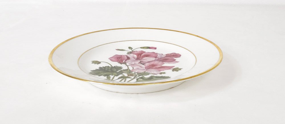 Hand Painted Porcelain Plate Flower Decor Nineteenth Golden Edging-photo-3