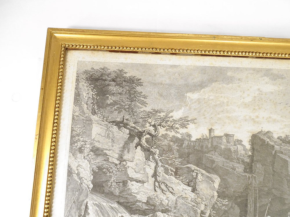 Gravure Vernet paysage cascade personnages Pierre Charles de Villette 18è-photo-2