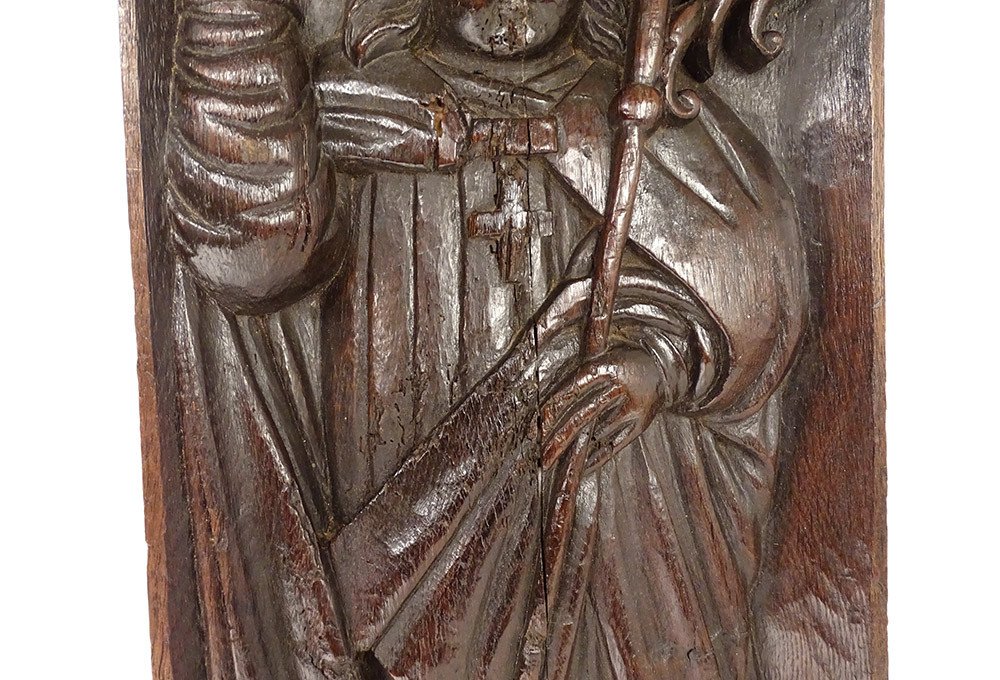 Decorative Panel Haute Epoque Carved Wood Bishop Crosse Miter XVII-photo-1
