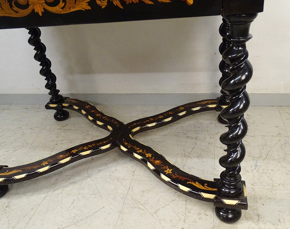 Dutch Table Marquetry Flowers Blackened Wood Twisted Feet Nineteenth-photo-1