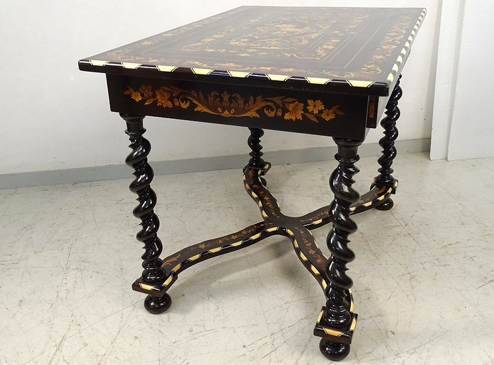 Dutch Table Marquetry Flowers Blackened Wood Twisted Feet Nineteenth-photo-5