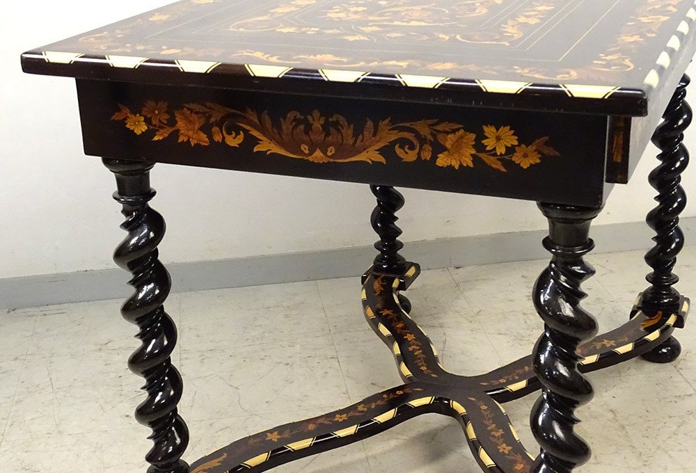 Dutch Table Marquetry Flowers Blackened Wood Twisted Feet Nineteenth-photo-6