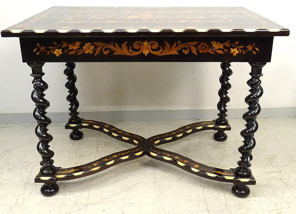 Dutch Table Marquetry Flowers Blackened Wood Twisted Feet Nineteenth-photo-7