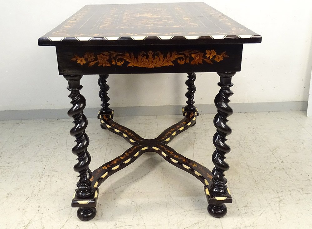 Dutch Table Marquetry Flowers Blackened Wood Twisted Feet Nineteenth-photo-8