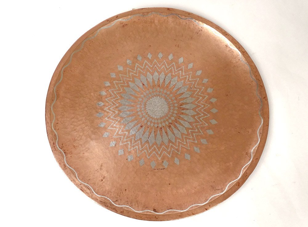 Decorative Dish Claudius Linossier Dinanderie Copper Silver 40cm Art Deco Twentieth