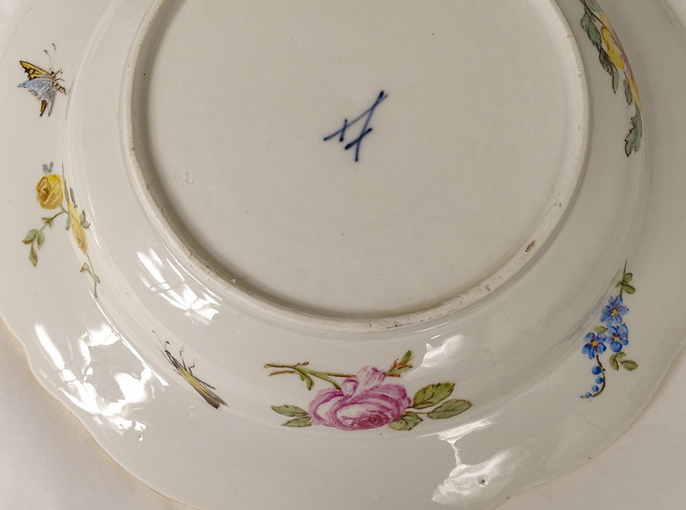 6 Assiettes Creuses Porcelaine Meissen Goût XVIIIème Fleurs Dorure XIXème-photo-2