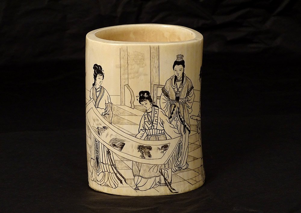 Bitong China Ivory Brush Pot Women Landscape Signed Nineteenth Poem