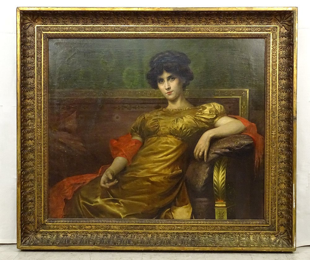 Large Hst Table Portrait Woman Empire G. Meyer Golden Frame 138x121cm Nineteenth