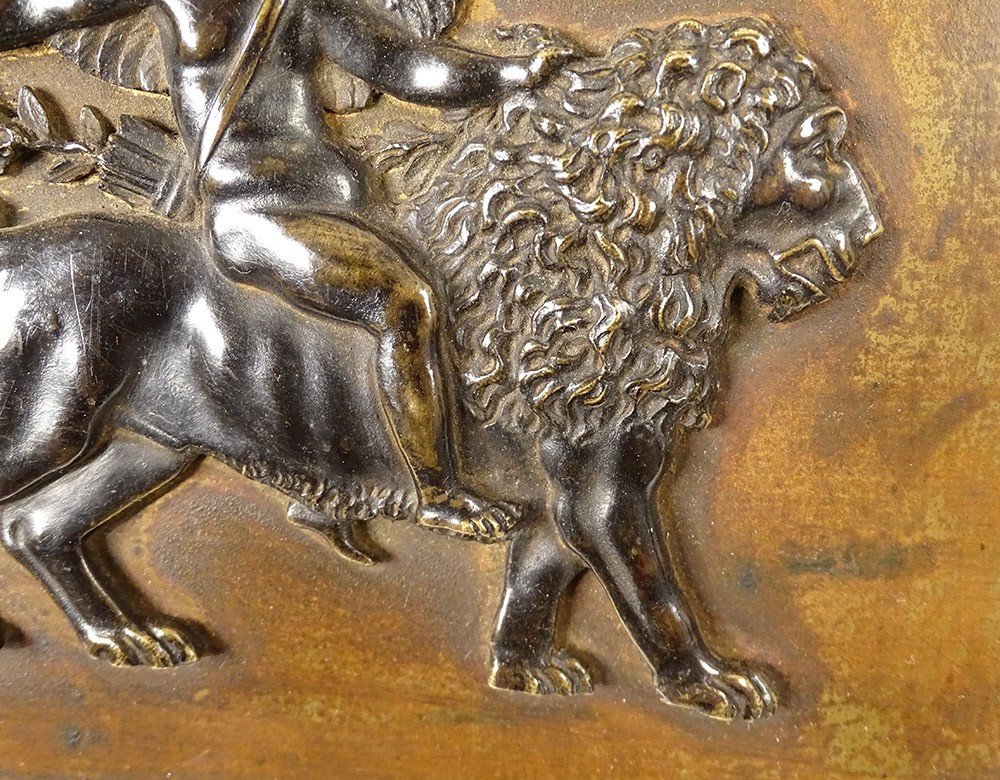 Sculpture Bas-relief Plaque Bronze Cupidon Lion Carquois XIXème Siècle-photo-4