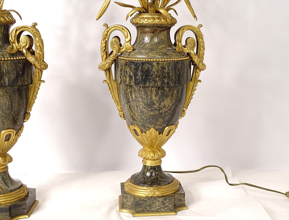 Paire Vases Balustre Lampes Marbre Bronze Doré Fleurs Napoléon III XIXème-photo-3