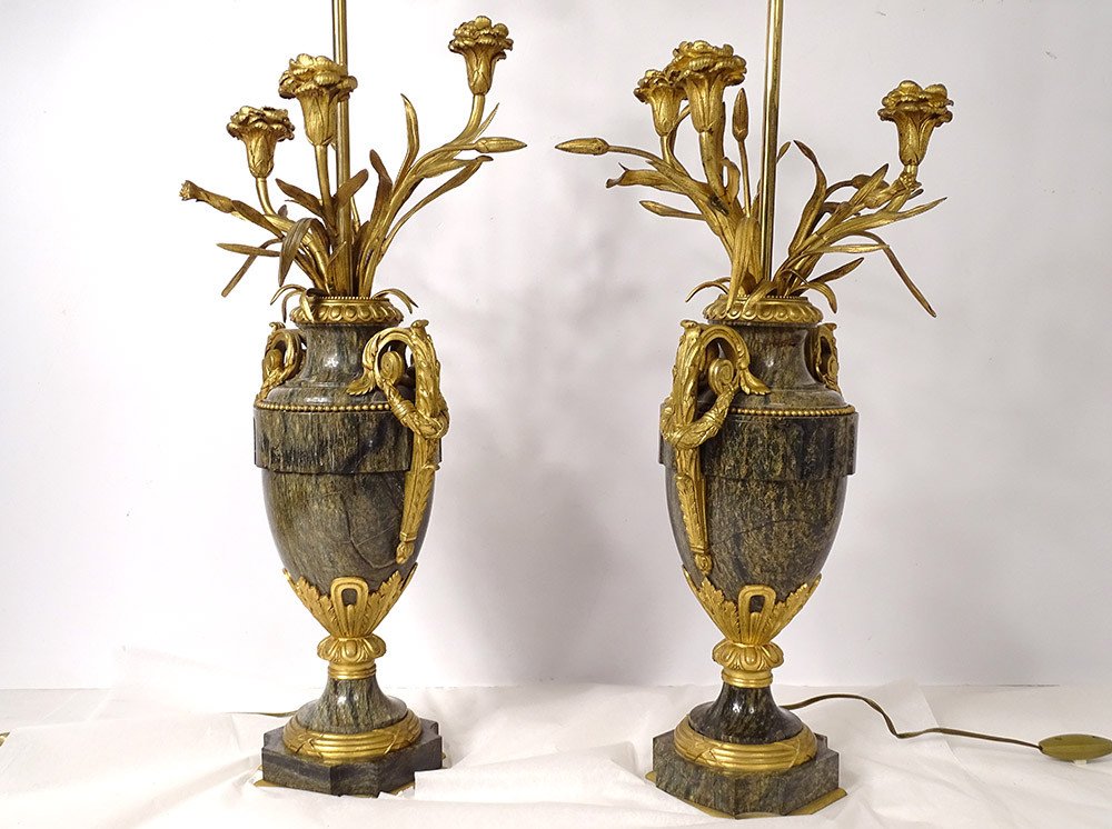 Paire Vases Balustre Lampes Marbre Bronze Doré Fleurs Napoléon III XIXème-photo-4