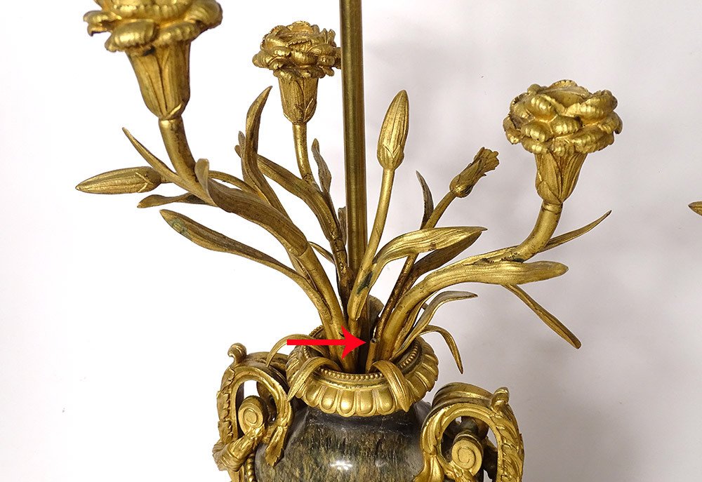 Paire Vases Balustre Lampes Marbre Bronze Doré Fleurs Napoléon III XIXème-photo-6