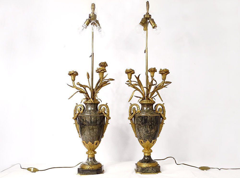 Paire Vases Balustre Lampes Marbre Bronze Doré Fleurs Napoléon III XIXème