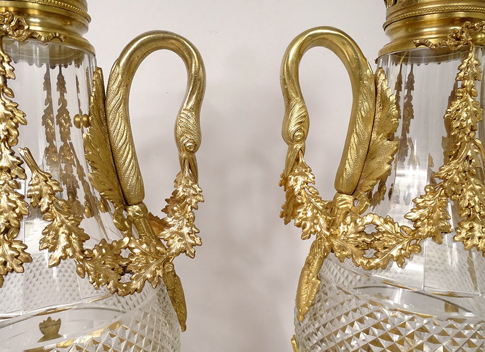 Pair Large Cassolettes Cut Crystal Gilt Bronze Swans Garlands Nineteenth-photo-2