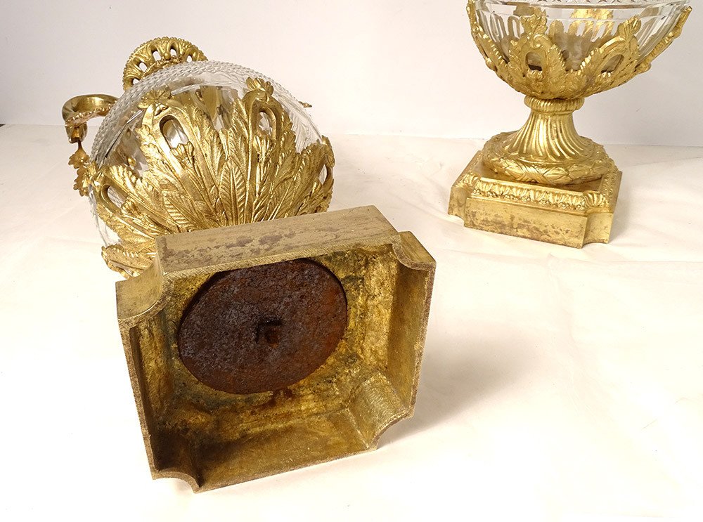 Pair Large Cassolettes Cut Crystal Gilt Bronze Swans Garlands Nineteenth-photo-8