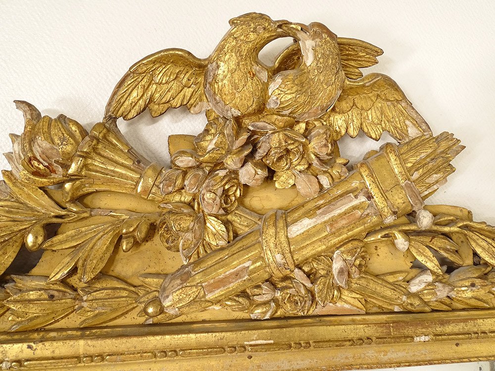 Large Louis XVI Mirror Golden Carved Wood Birds Quiver Flambeau XVIIIth-photo-4