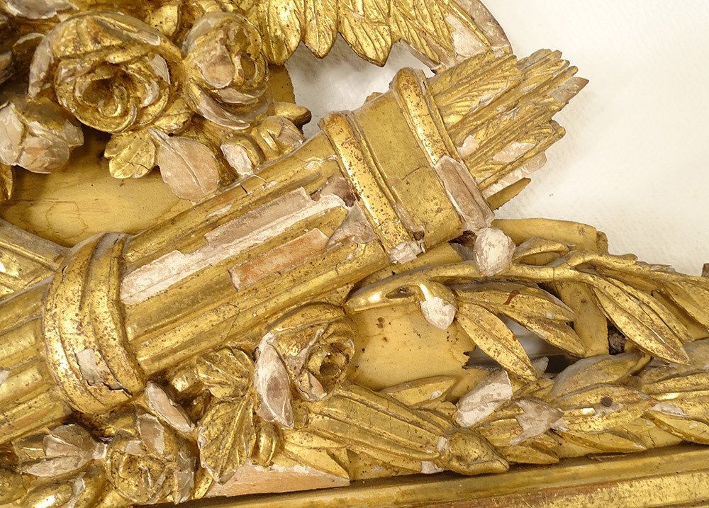 Grand Miroir Louis XVI Bois Sculpté Doré Oiseaux Carquois Flambeau XVIIIè-photo-2