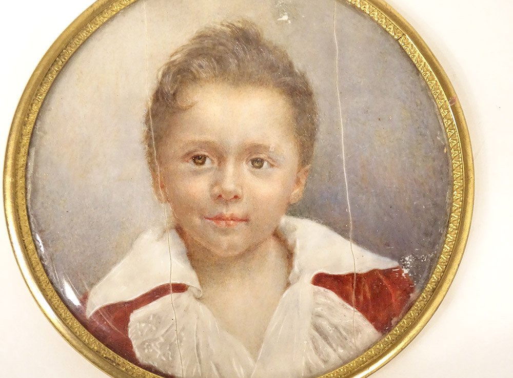 Miniature Round Portrait Young Child Boy Signed Nineteenth Brass Frame-photo-2