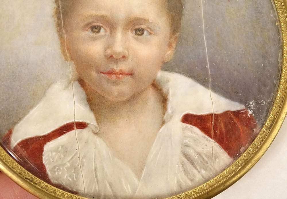Miniature Round Portrait Young Child Boy Signed Nineteenth Brass Frame-photo-4