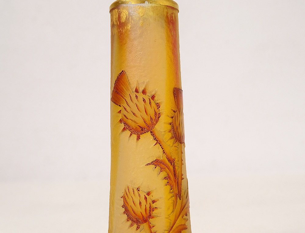 Petit Vase Soliflore Pâte Verre Daum Nancy Fleurs Chardons Art Nouveau XIXè-photo-1