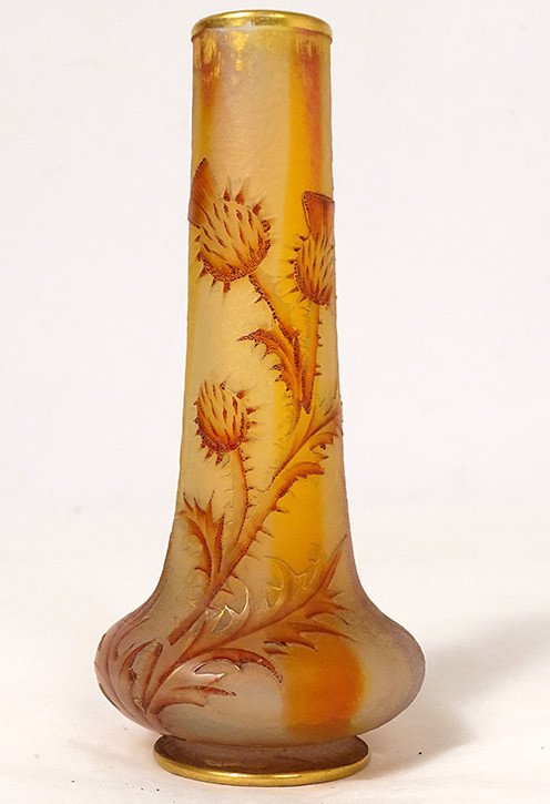 Petit Vase Soliflore Pâte Verre Daum Nancy Fleurs Chardons Art Nouveau XIXè