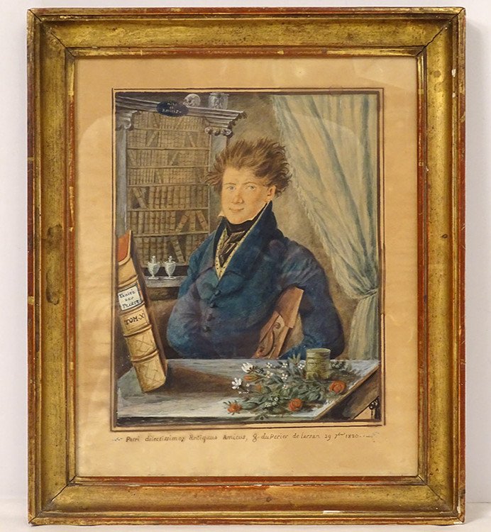 Aquarelle Portrait Herboriste G. du Perier de Larsan 1820 XIXème Siècle