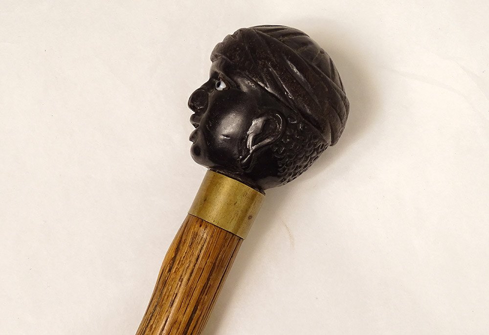 Old Cane Blackened Wood Knob Carved Black Man Head XIXth Century-photo-4