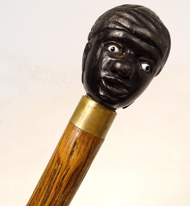 Old Cane Blackened Wood Knob Carved Black Man Head XIXth Century