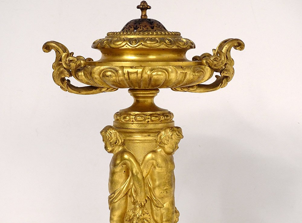 Large Gilt Bronze Incense Burner Victor Raulin Chérubins Amours Faunes XIXth-photo-2