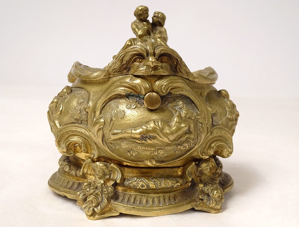Boîte Encrier Louis XV Rocaille Bronze Doré Femmes Anges Allégorie XVIIIème-photo-3