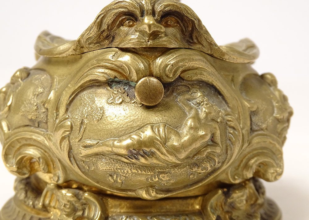 Boîte Encrier Louis XV Rocaille Bronze Doré Femmes Anges Allégorie XVIIIème-photo-4