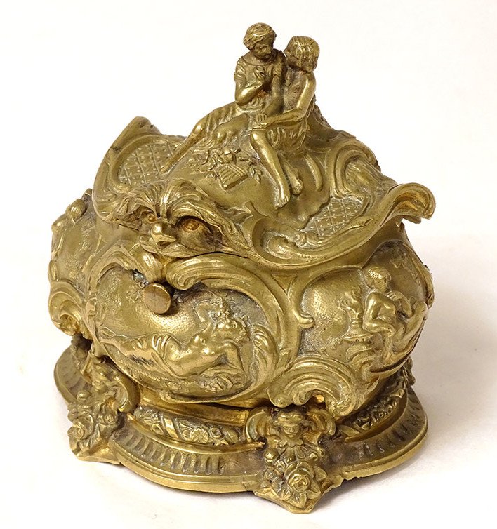Boîte Encrier Louis XV Rocaille Bronze Doré Femmes Anges Allégorie XVIIIème