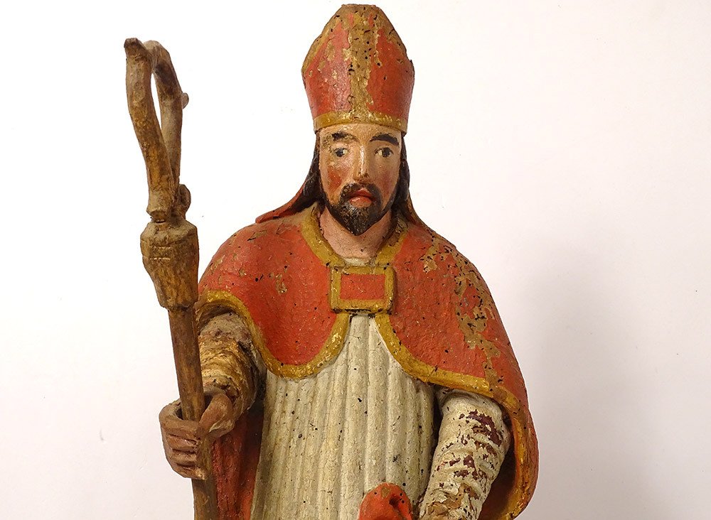 Polychrome Carved Wood Statue Bishop Crosse Saint-eloi XVIIIth Century-photo-2