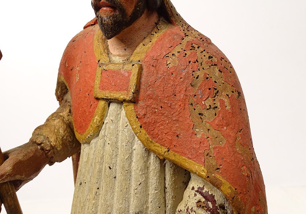 Polychrome Carved Wood Statue Bishop Crosse Saint-eloi XVIIIth Century-photo-8