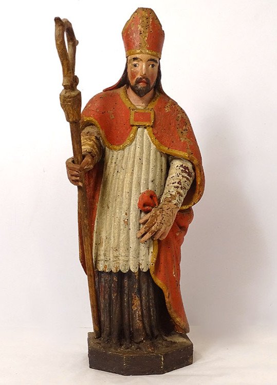 Polychrome Carved Wood Statue Bishop Crosse Saint-eloi XVIIIth Century
