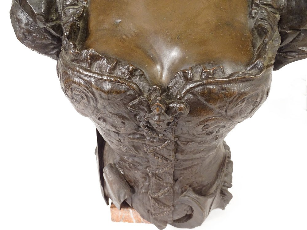 Sculpture Bronze Buste Femme Orientaliste Corset Fleurs Signée XIXè Siècle-photo-1
