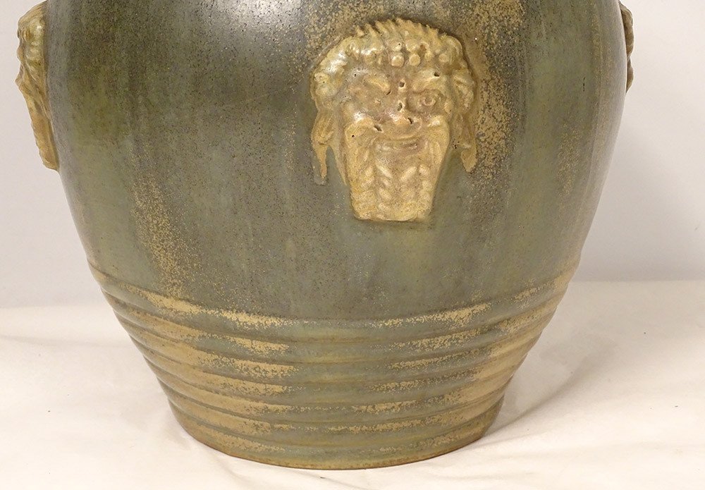 Large Polychrome Sandstone Vase Primavera Louis Lourioux Mascarons Fauns Twentieth-photo-1