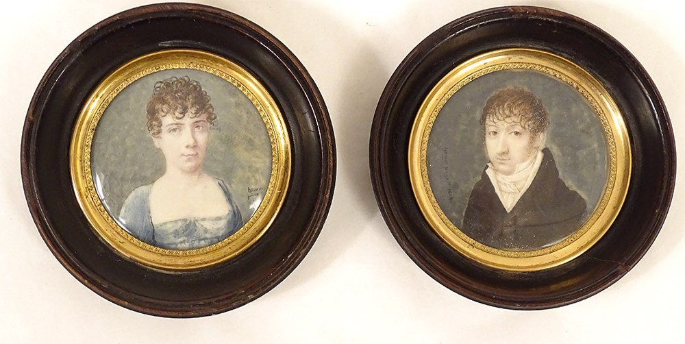 Paire Miniatures Portraits Couple Nobles Aristocrates Hamm Empire XIXème