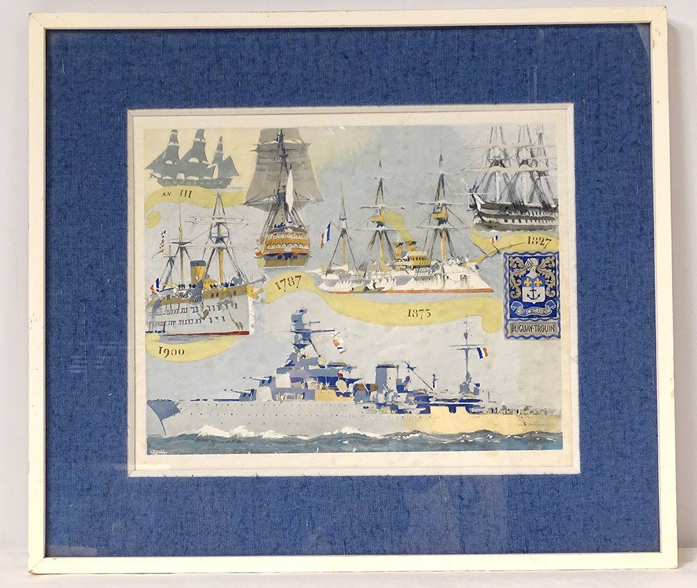 Gouache Albert Brenet Bateaux Navire Frégate Duguay-trouin Blason XXème