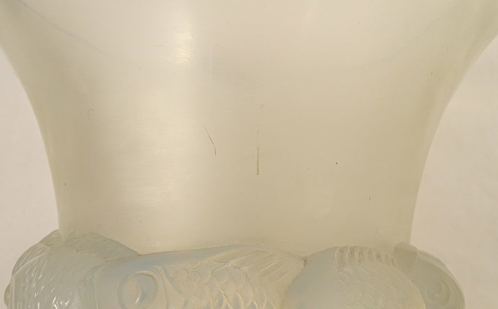 Vase Verre Opalescent Moulé René Lalique Modèle Piriac Poissons XXè Siècle-photo-7