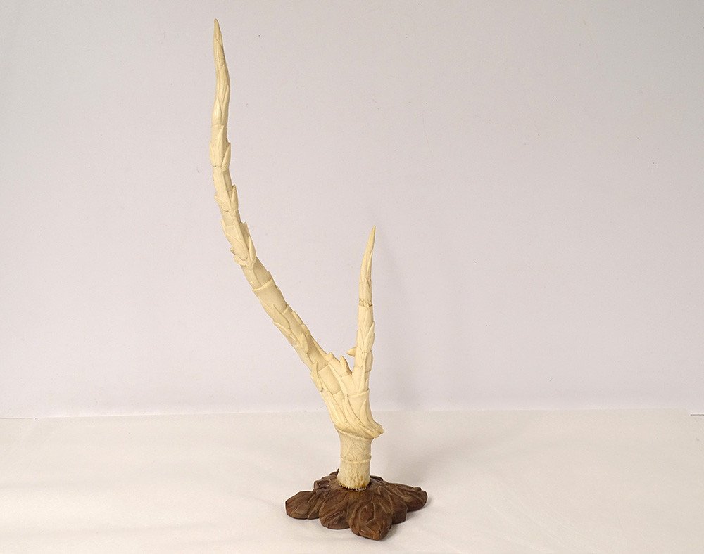 Sculpture Corne de Cerf Japon Rat Loir Feuillage Bambou XIXème Siècle-photo-4
